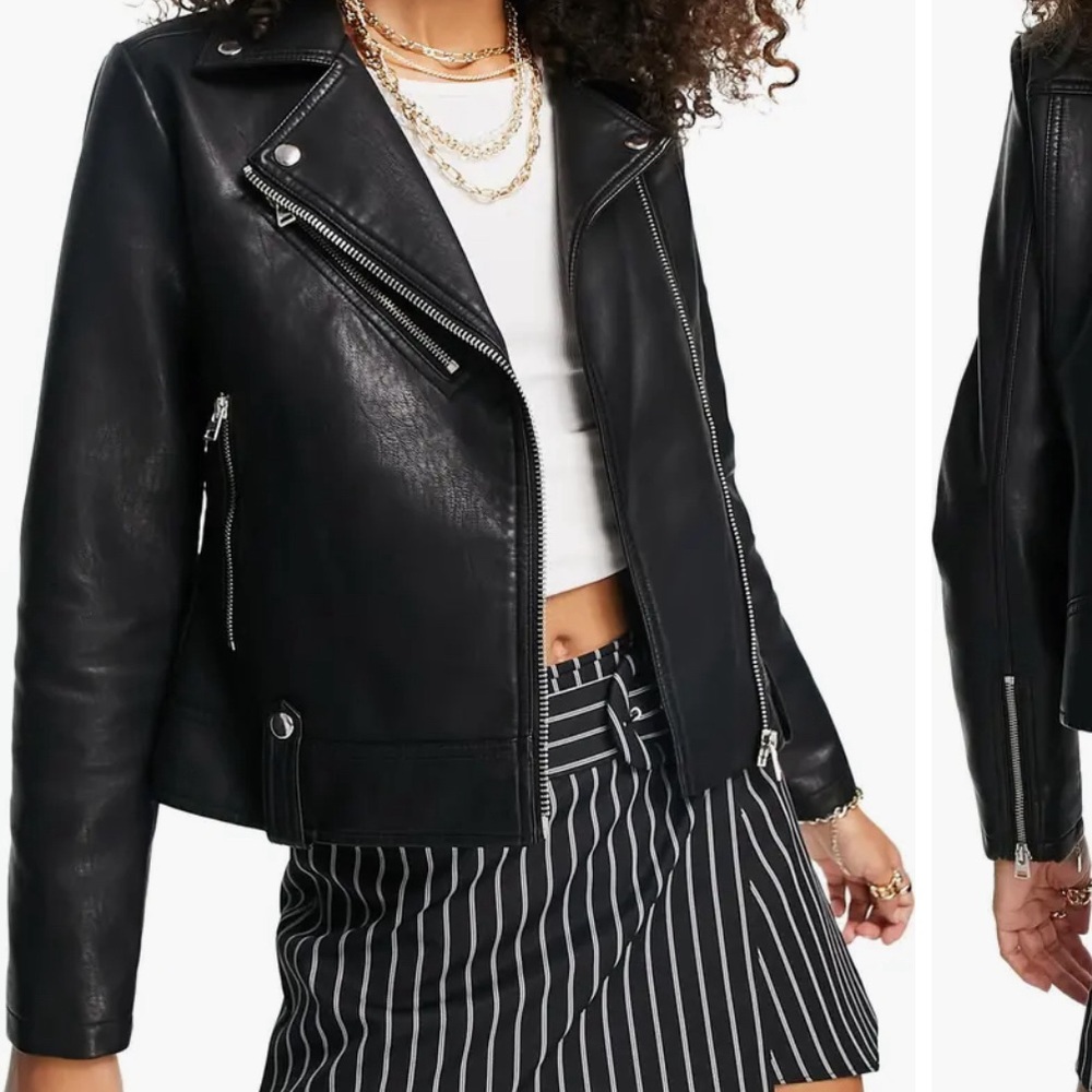 Black Faux Leather Biker Jacket Topshop Petite Women’s 2